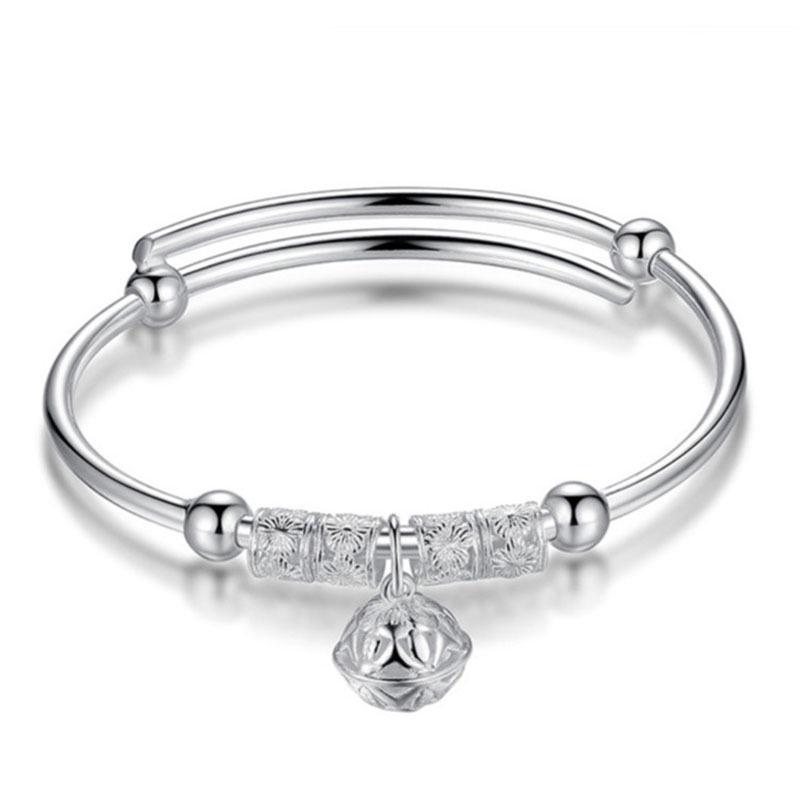Korean Style Silver Bell Bangle: Retro Ethnic Women's Bracelet with Bead, Perfect for Wedding Gifts