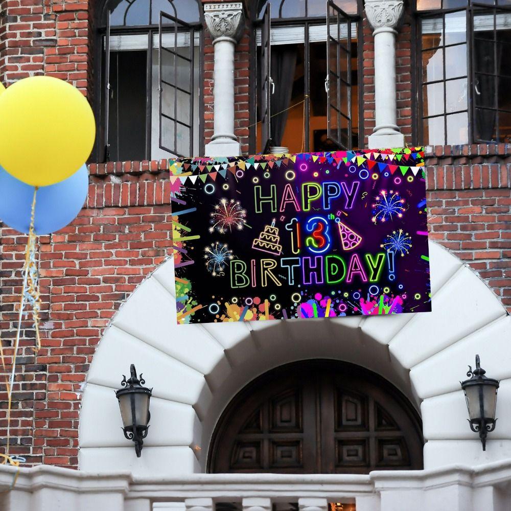 Party Backdrop Polyester Neon Birthday Party Decorations Happy 13th Boys