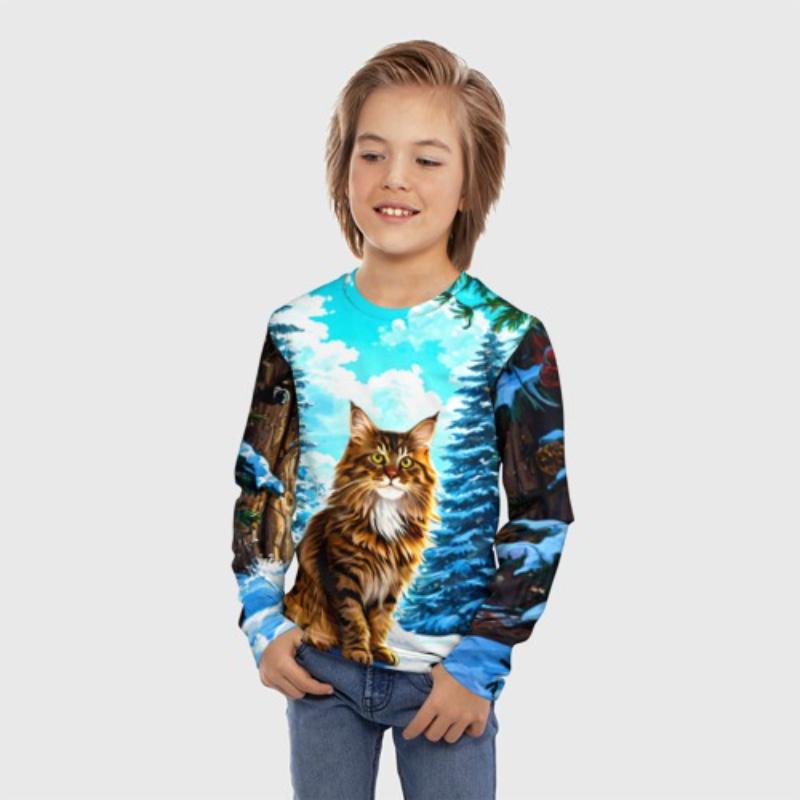 Children's Cartoon Lively Kitten Print Multi-color T-shirts Boys Cute Long Sleeved Soft Comfortable Top
