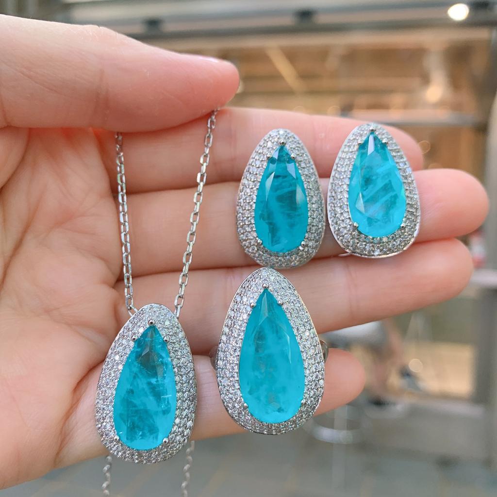 Jewelry Popular Anti-Real Paraiba Large Water Drop Pendant Necklace Stud Earrings Set Main Stone 10 * 20