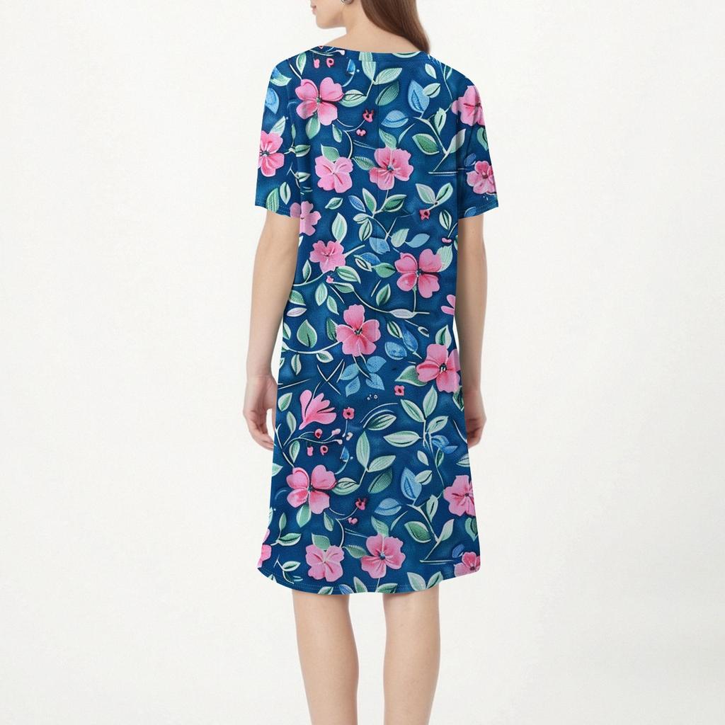 Haut Midi à Manches Courtes et Poches à Col en V pour Femme avec Imprimé Rétro Fleurs et Feuilles