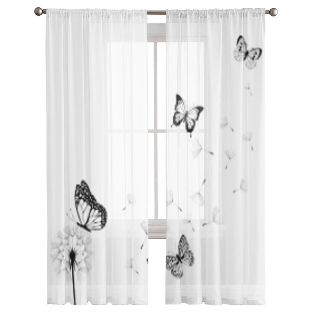 Dandelion Silhouette With Butterflies Sheer Curtains for Living Room Tulle Window Curtain Bedroom Kitchen Veil Drapes