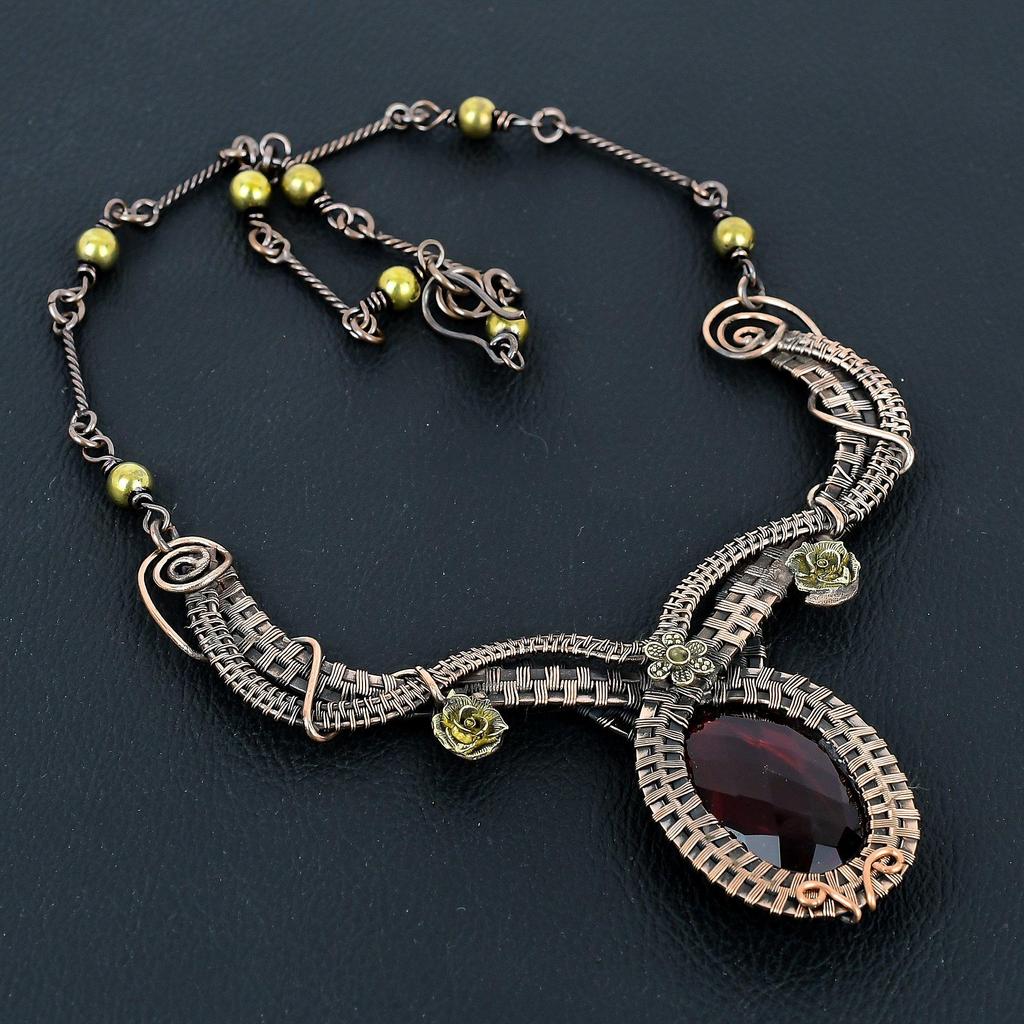 Faceted Red Garnet Necklace Handmade Jewelry, 999 Copper Wire Wrapped Necklace Designer Gemstone Jewelry Adjustable Chain Necklace Gift For Mom