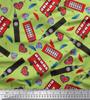 Soimoi Japan Crepe Satin Fabric Bus,Telephone Booth & London Clock Tower Architectural Print Sewing Fabric Metre 42 Inch