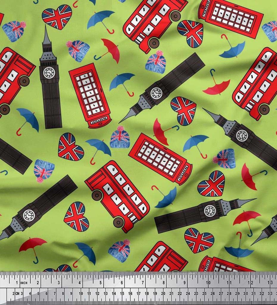 Soimoi Japan Crepe Satin Fabric Bus,Telephone Booth & London Clock Tower Architectural Print Sewing Fabric Metre 42 Inch