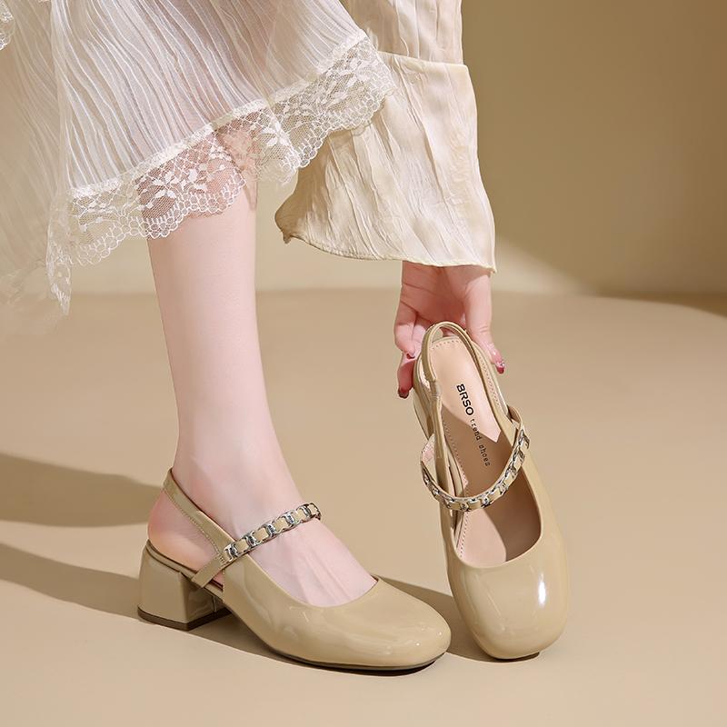 Runde Spitze Flacher Mund Blockabsatz Sandalen Mode Metallkette Baotou Mary Jane Schuhe