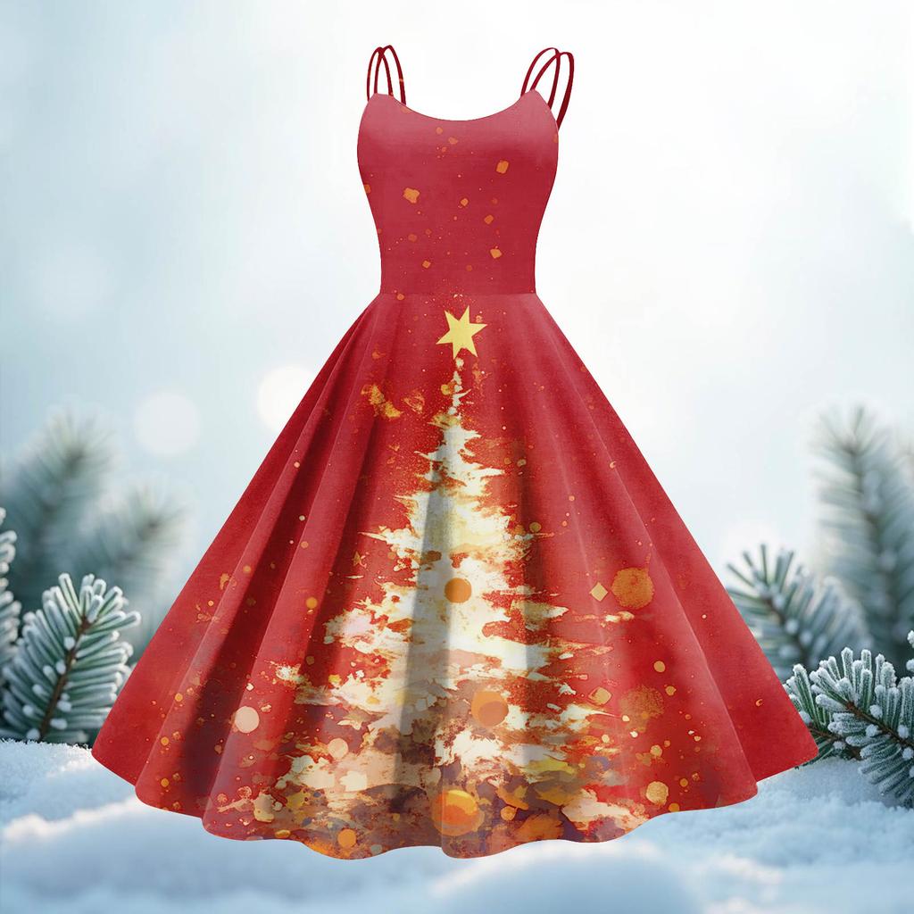 Women's Christmas Print Casual Fashion Round Neck Mid-Length Dress