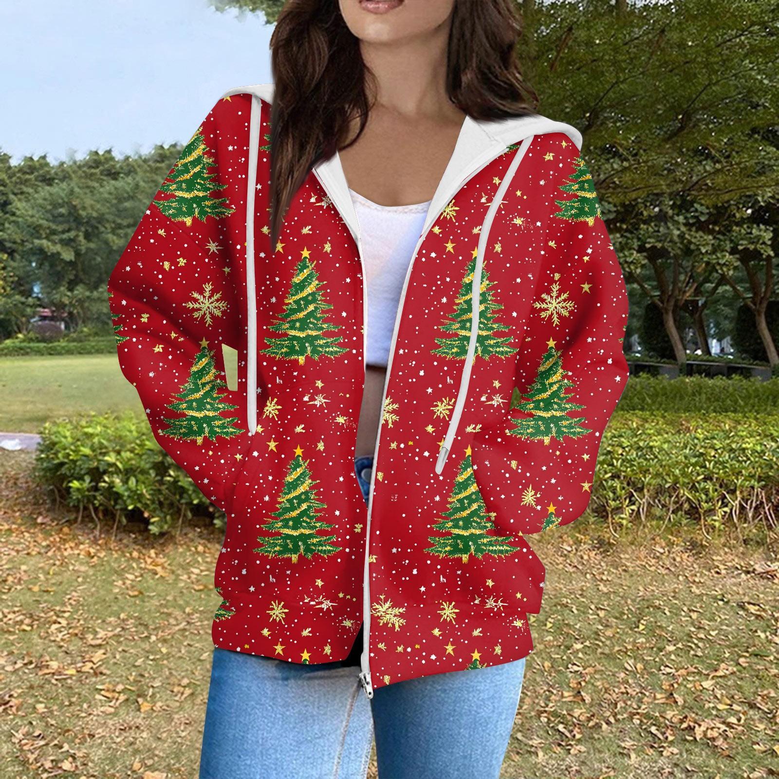 

Женская модная повседневная толстовка с рождественским принтом и длинными рукавами, карманная куртка, пальто с капюшоном на молнии XL винный