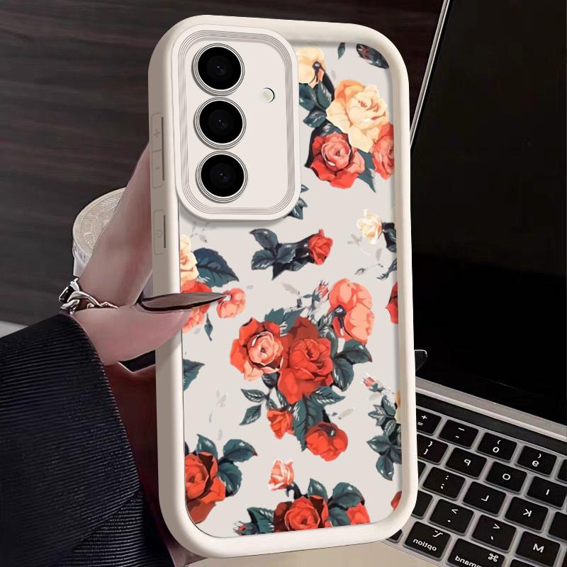 Stoßfeste Hülle mit Vintage-Rose-Blumendruck für Samsung S24 FE S23 Ultra S22 A16 A55 A15 A35 A54 A25 A34 A14, weiche matte TPU-Linsenschutz-Telefonabdeckung