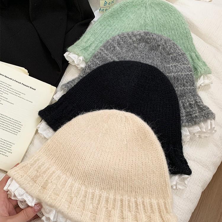 Lace lace bucket hat autumn and winter warm knitted pot hat versatile face small sweet wool hat women