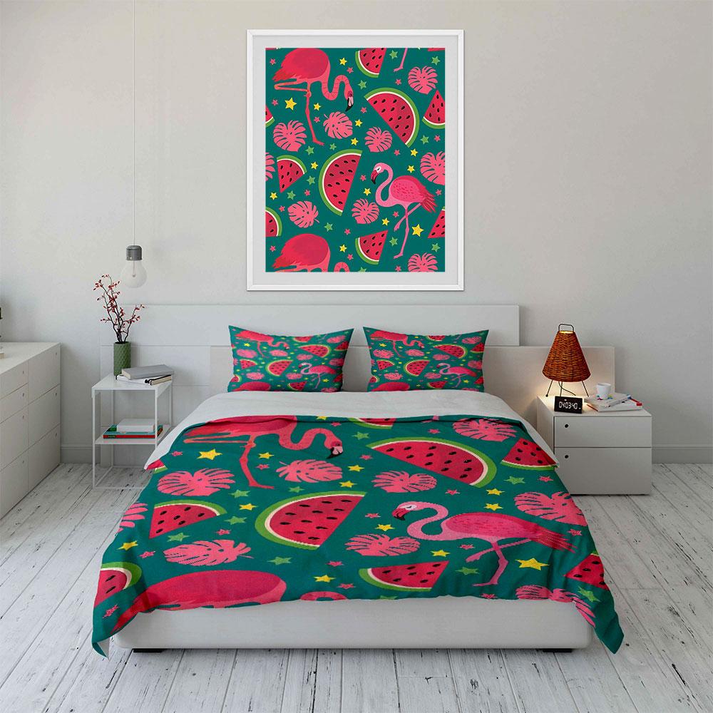Flamingo & Watermelon Bedding Set Bedding Duvet Cover Set Duvet Cover Pillowcases (1 * Duvet Cover 2 * Pillowcases, Without Duvet Insert)