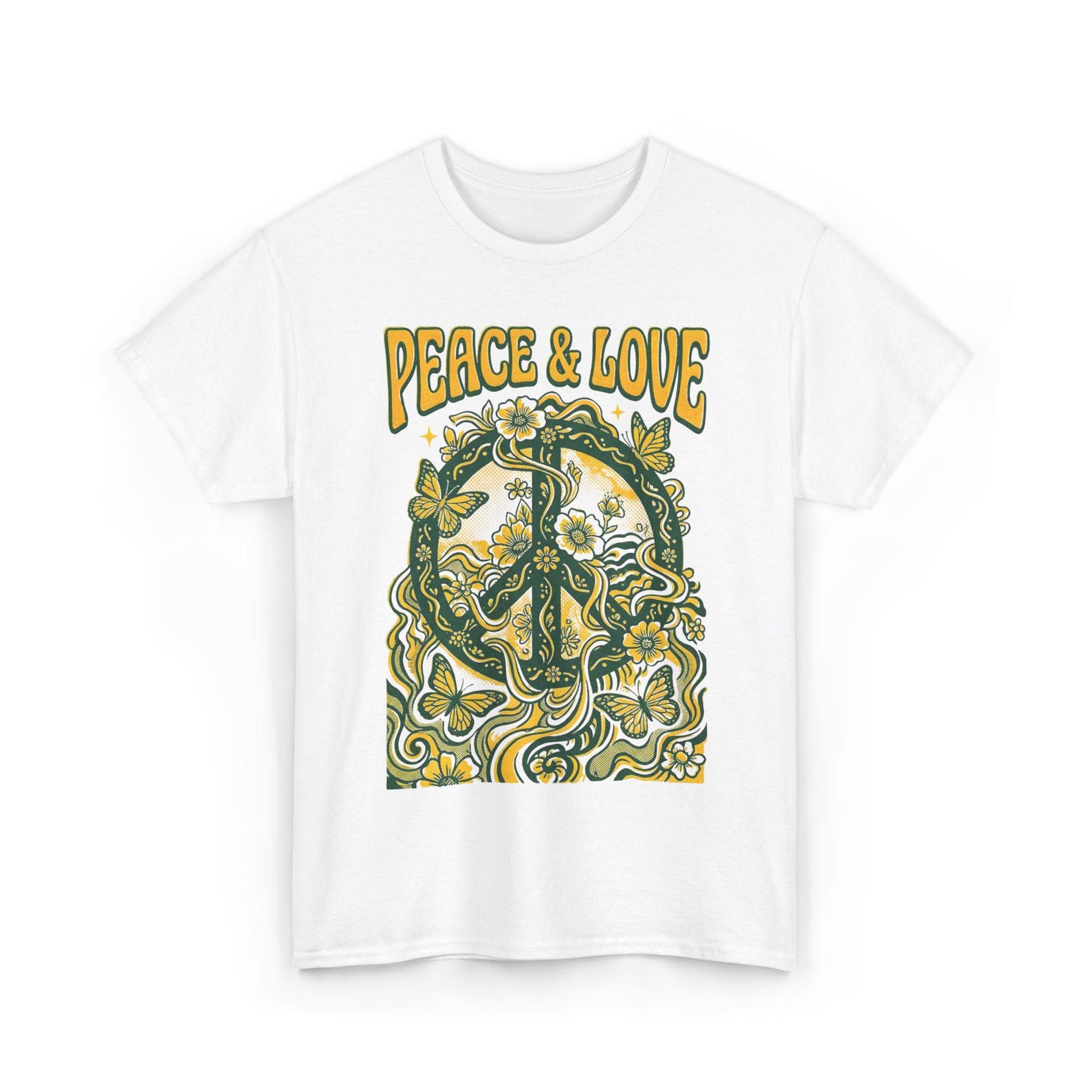 Peace Sign T-Shirt, Retro 70s Floral, Yellow Green Butterfly, Groovy Hippie Graphic, Cotton, Streetwear 3XL