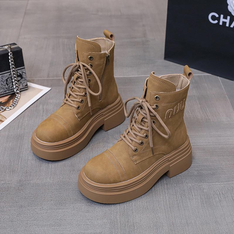 Inner Heightening Martin Boots Women's 2025 New Spring and Autumn British Style Thin Big Yellow Boots Lace-up Brown High-heeled Single Boots