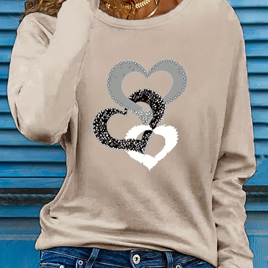 Spring and Autumn Women's Casual Long-sleeved T-shirts, Heart-shaped Round Neck T-shirts, Women's Clothing