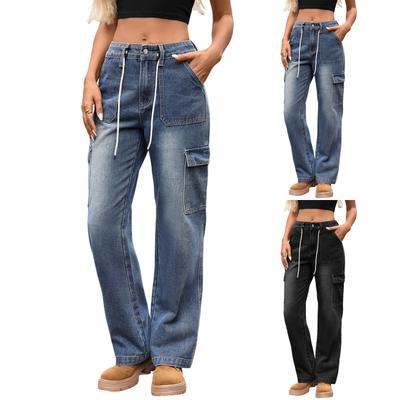 Women's Casual Fashion Solid Color Elastic Waist Pockets Wide Leg Straight Jeans Pants