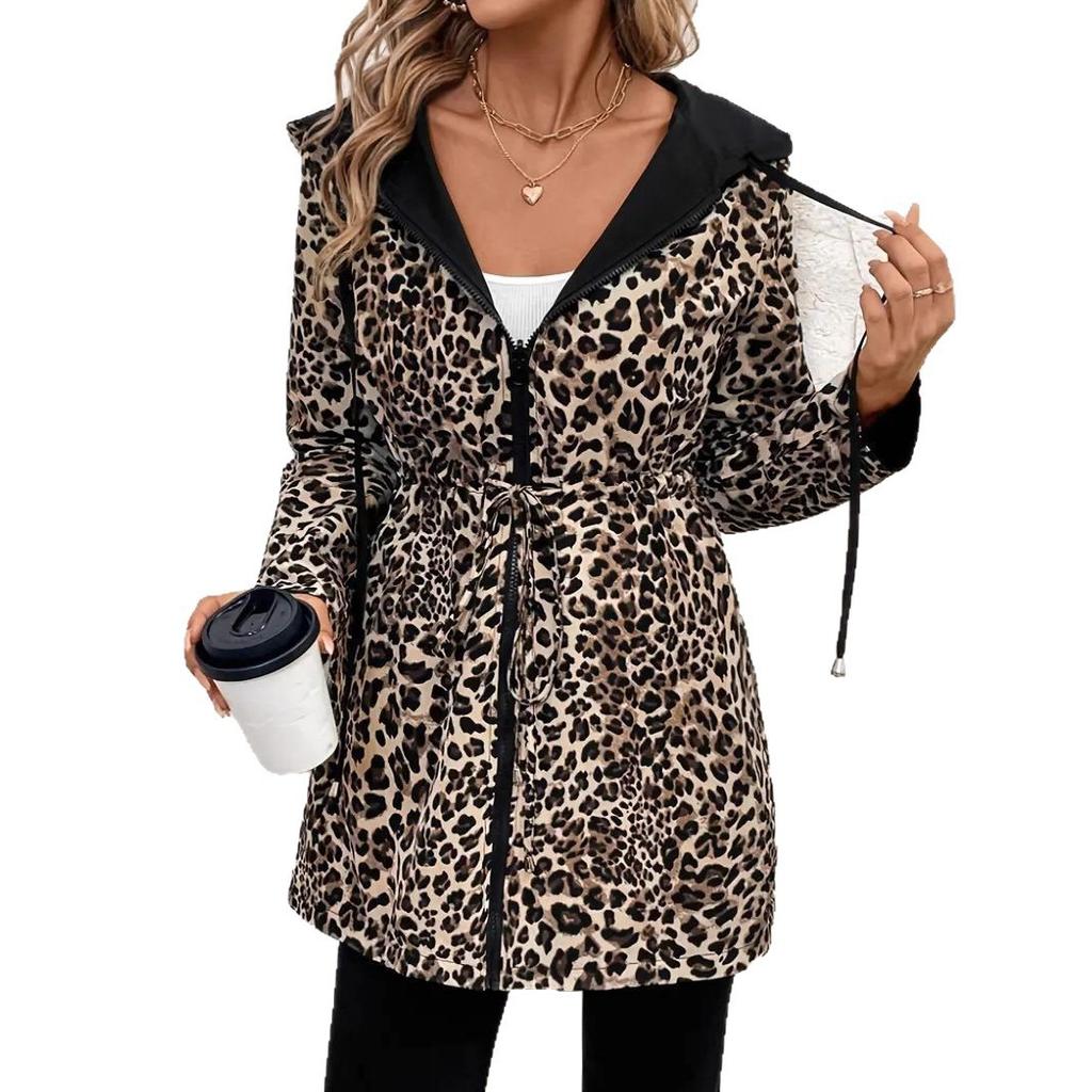 Women Leopard Print Hooded Zip Up Jacket Casual Loose Fit Long Sleeve Windbreaker Coat