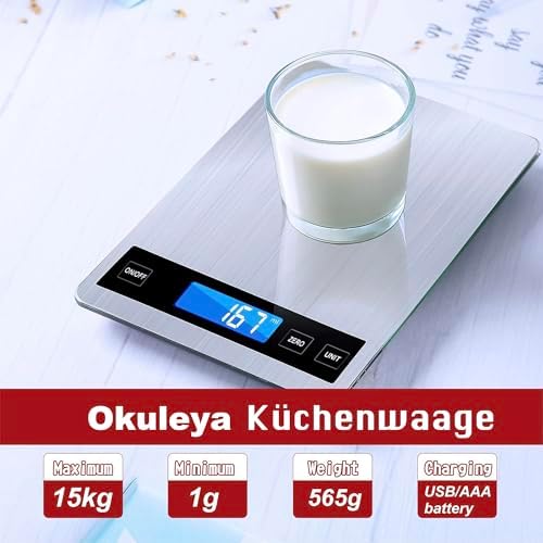 Digital Kitchen Scale 15kg Capacity with 1g Precision, Multi-Unit Conversion (g/kg/lb:oz/ml/fl'oz), TYPEC Rechargeable, Household Baking Food Scale