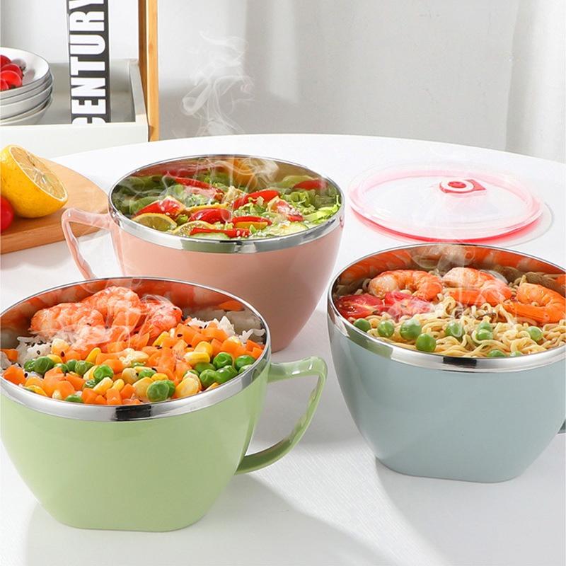 304 Stainless Steel Bowl with Handle Solid Color Anti Scalding Instant Noodles Mixing Bowl Kitchen Tableware Food  Accessory, 1pc