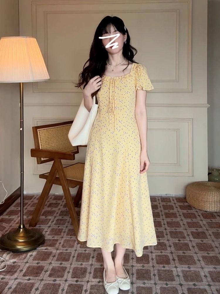 French Temperament Bubble Sleeve Yellow Floral Dress Children's Summer New Small Super Good-looking Long Dress