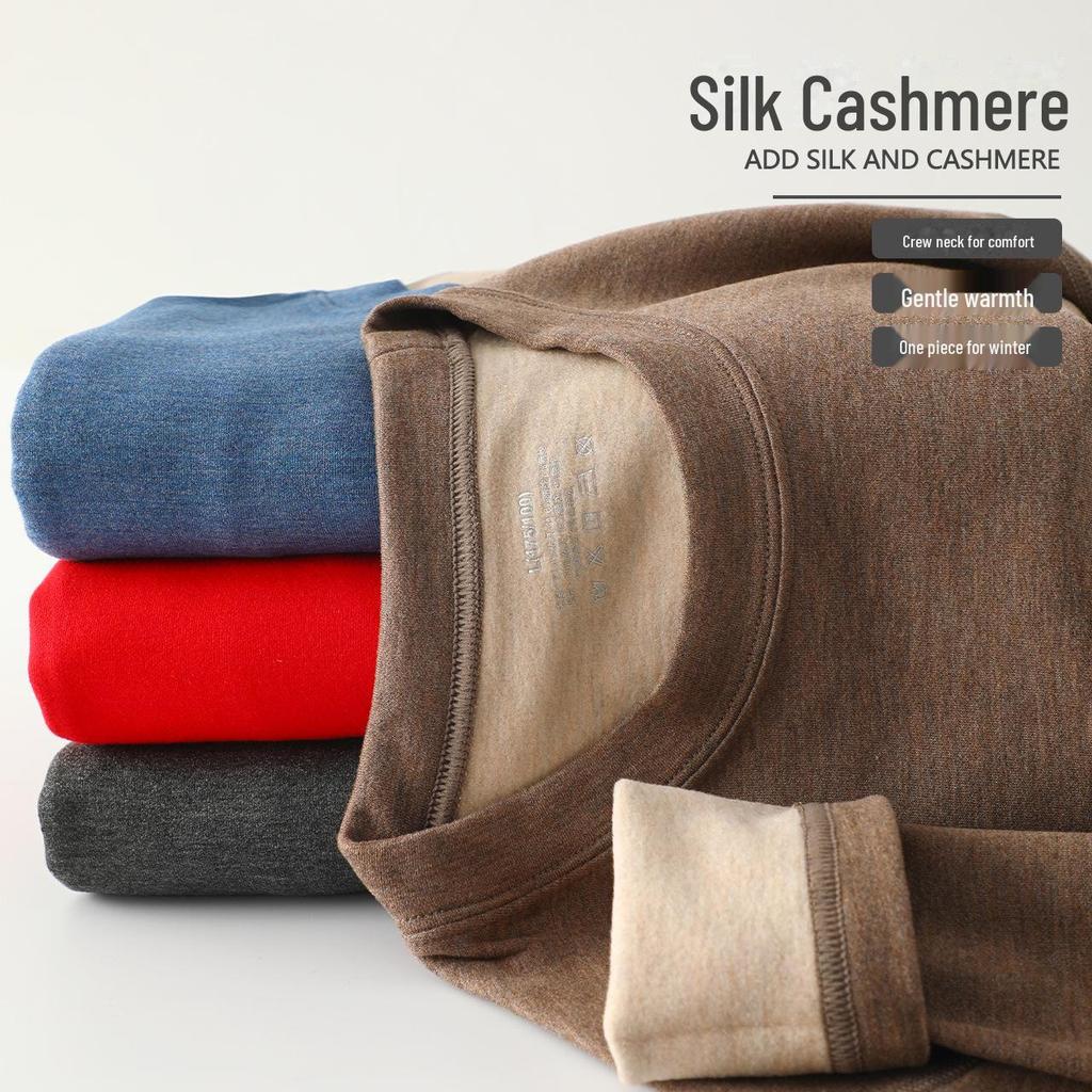 Men's Plus Velvet Thermal Underwear Top - Thick, Solid Color, Round Neck, Seamless, Cashmere Silk Blend, Elastic Fit, Autumn Wear.