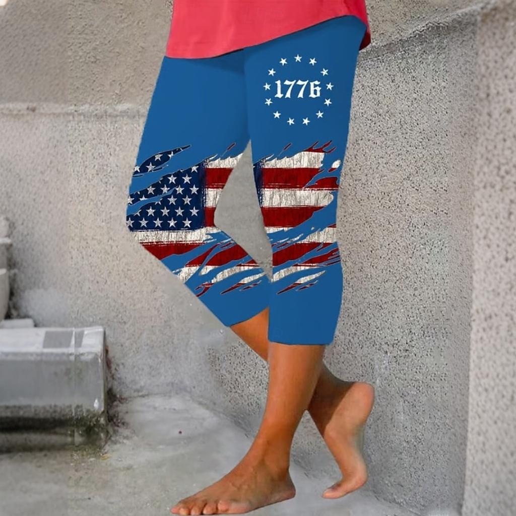 Women Elastic Waist Capri Pants Stretchy Fitted Mid-Calf Length Beach Shorts with Patriotic Print for Summer Casual Wear