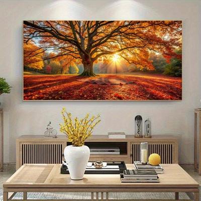 Albero Autunnale Alba Foglie Dorate Tema Tela Pittura Murale Soggiorno, Bagno, Studio Ufficio Casa Estetica Poster Decorativo