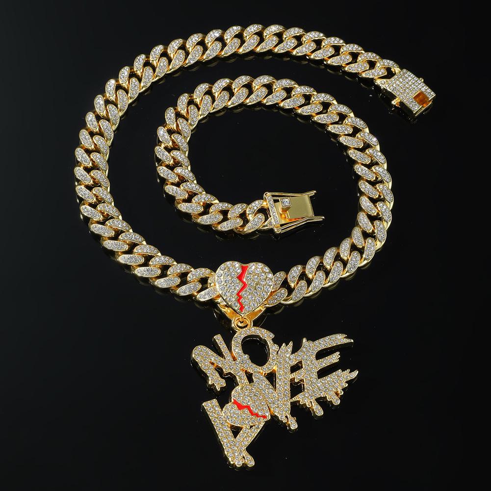 Men's Rhinestone NOLVE Cuban Necklace with Heart & Letter Pendant