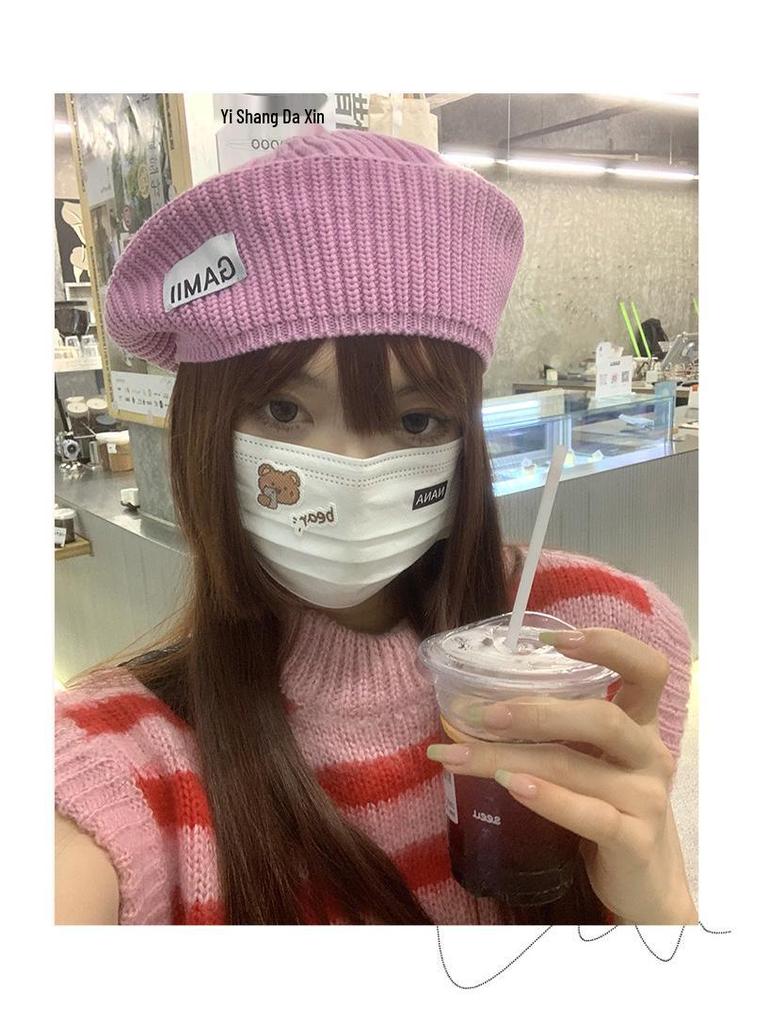 Trendy Korean Style Pink Knit Wool Beret: Women's Autumn/Winter Versatile, Face-Slimming Painter Hat
