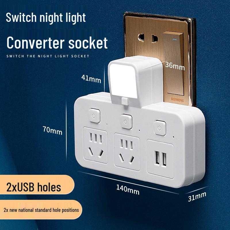 Multi-Outlet Power Strip with USB, Wireless Converter, Night Light, and Individual Switches for Home Office