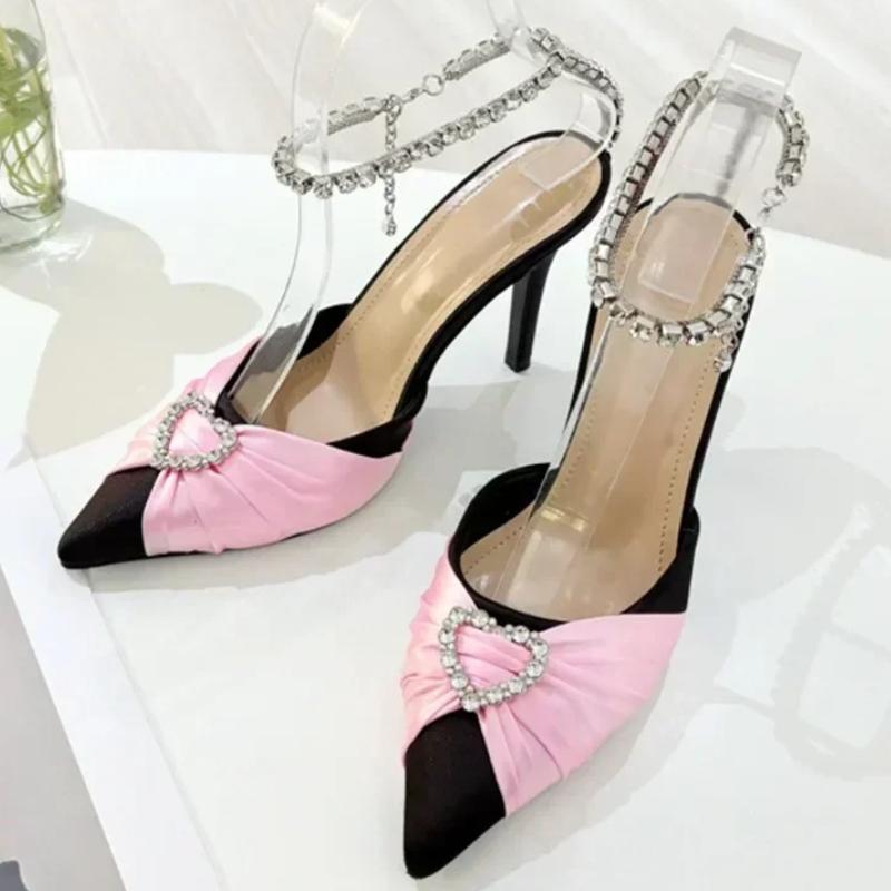 Fashion Bling Rhinestone Heart Design Brand Pumps Women Sexy Pointed Toe Ankle Strap High Heeled Sandals Elegant Satin Zapatos De Mujer