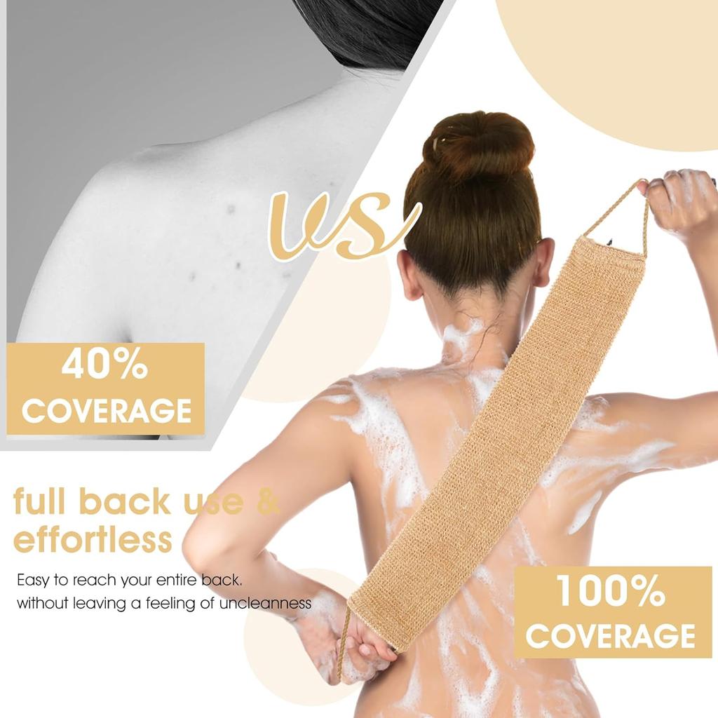 100% Natural Exfoliating Hemp Back Scrubber  Bath & Shower Body Brush Scrubber with Handle