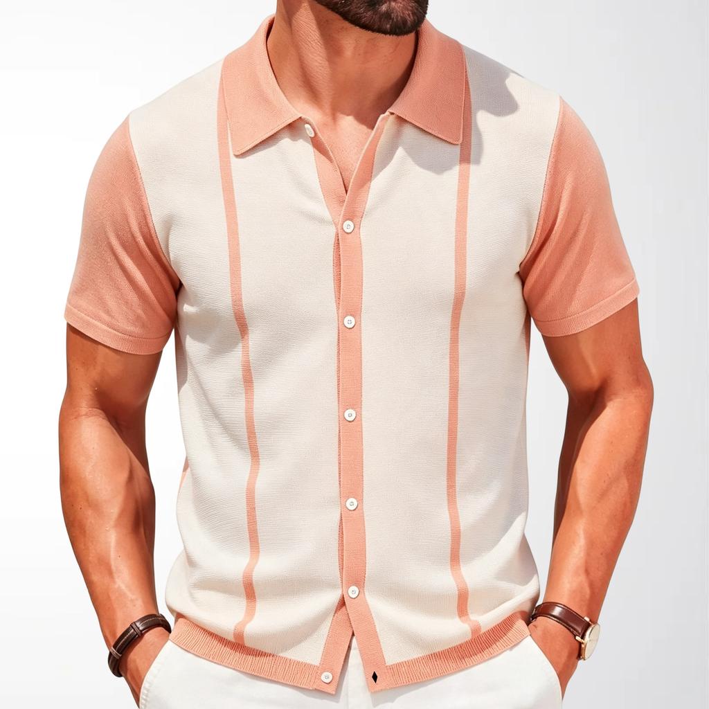 Men's Knit Shirts Short Sleeve Button Down Polo Shirt Summer Beach Knitted Casual Shirt Tops Breathable Lightweight Vacation Vintage Shirts for Male