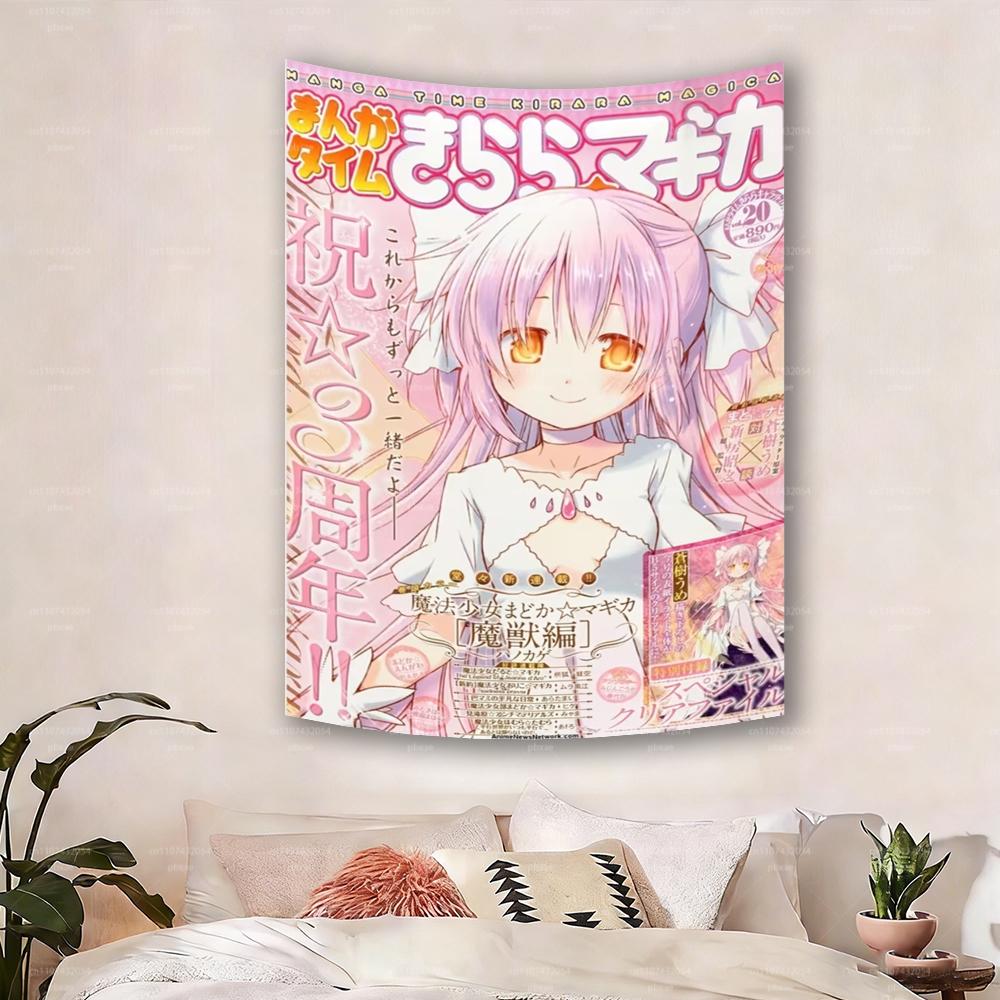 1pc Puella Magi Madoka Magica Anime Wall Tapestry  Pink Hair Blue Bow Character Frameless Art for Bedroom  Fantasy Room Decor