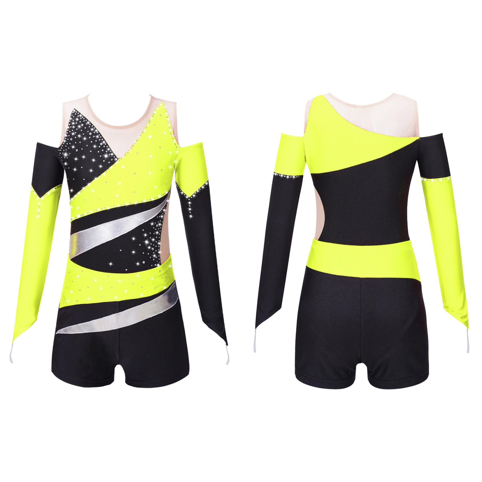 

Детское боди для танцев для девочек, балетный комбинезон с длинными рукавами и открытыми плечами в стиле пэчворк, комбинезон с шортами 15-16 Years жёлтый