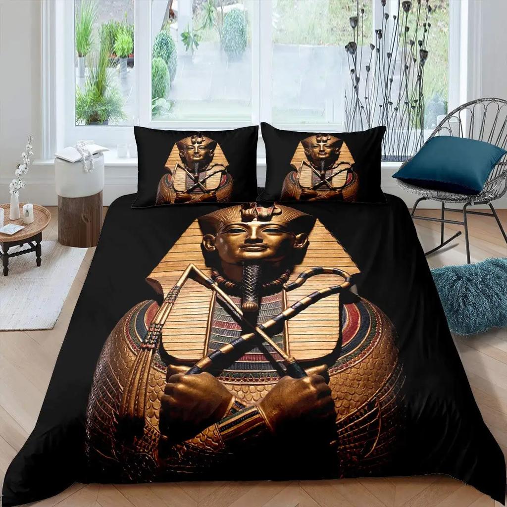 Pharaoh Duvet Cover Queen Ancient Egypt Tribe Comforter Cover Set for Boys Egyptian Pyramids Exotic Style Polyester Bedding Set