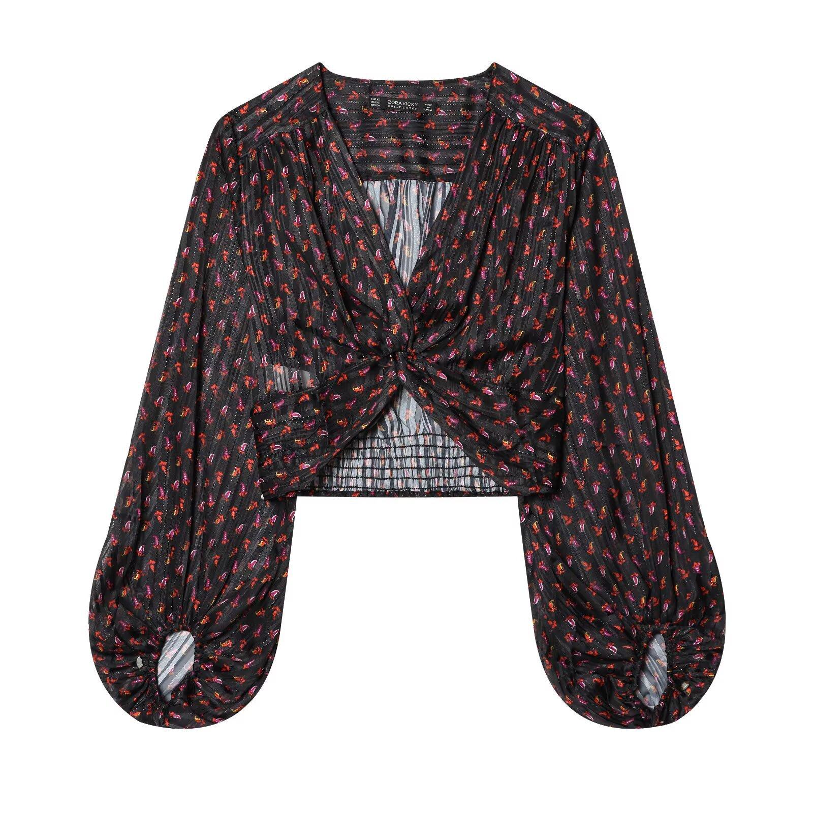 European and American style, new women s clothing, foreign style, fashionable, fashionable V bow tie decorated printed top XS