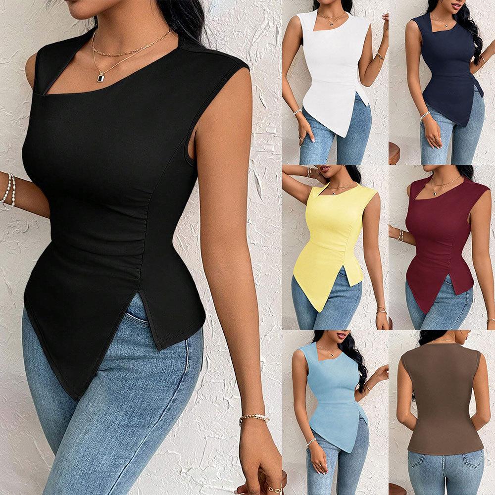 Women's clothing European and American elegant style T-shirt spring and summer new diagonal collar slim short solid color top