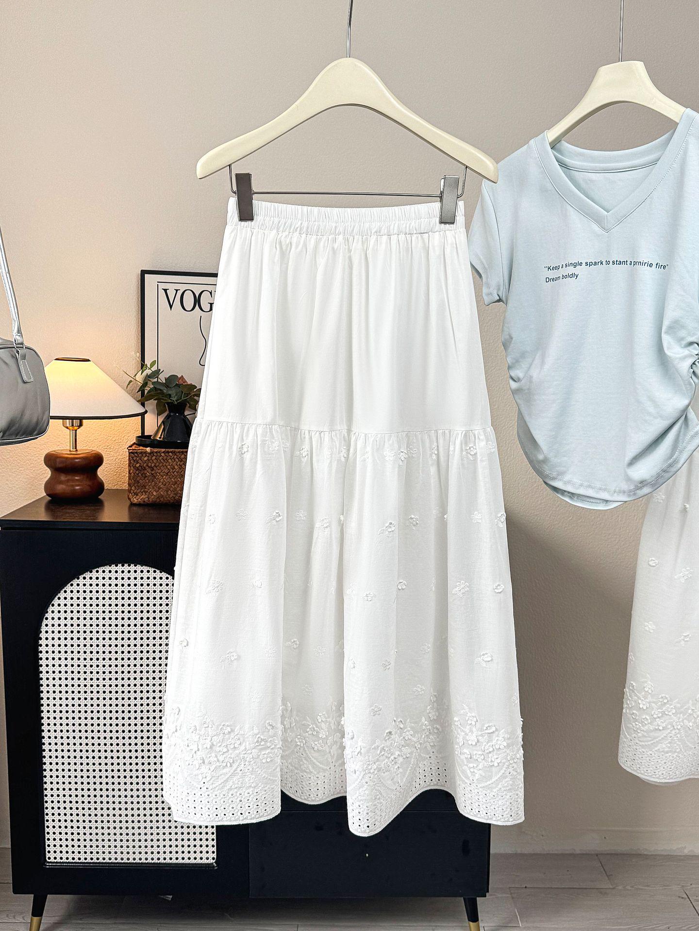 Women s High Waist A-line White Midi Skirt with Draped Hollow Embroidery for Spring/Summer 2026 One Size белый