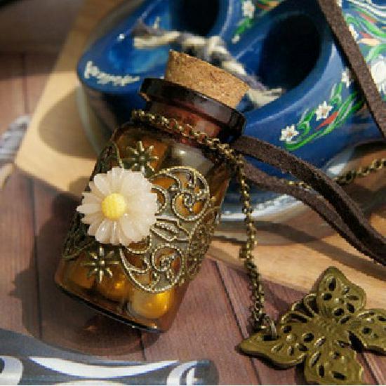 X324 Happy Encounter Retro Leather Rope Wishing Bottle Sweater Necklace