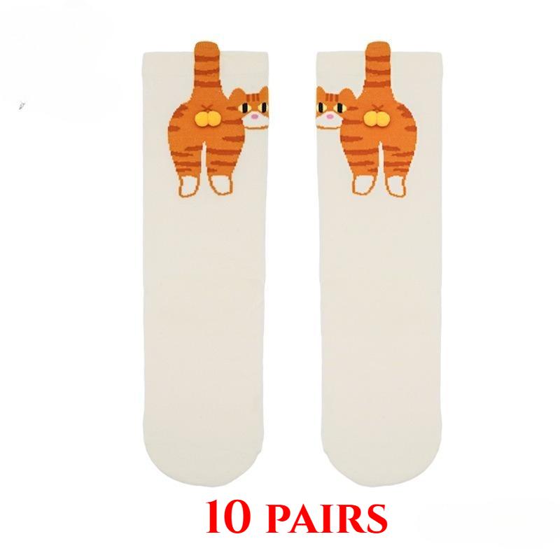 2/5/10 Paar Cartoon Schattige Kattenbolletjes Katoenen Sokken Kawaii Lolita Gebreide Sokken Vrouwen Meisjes Middelhoge Sok Slaapsok Kattenprint Vloersok