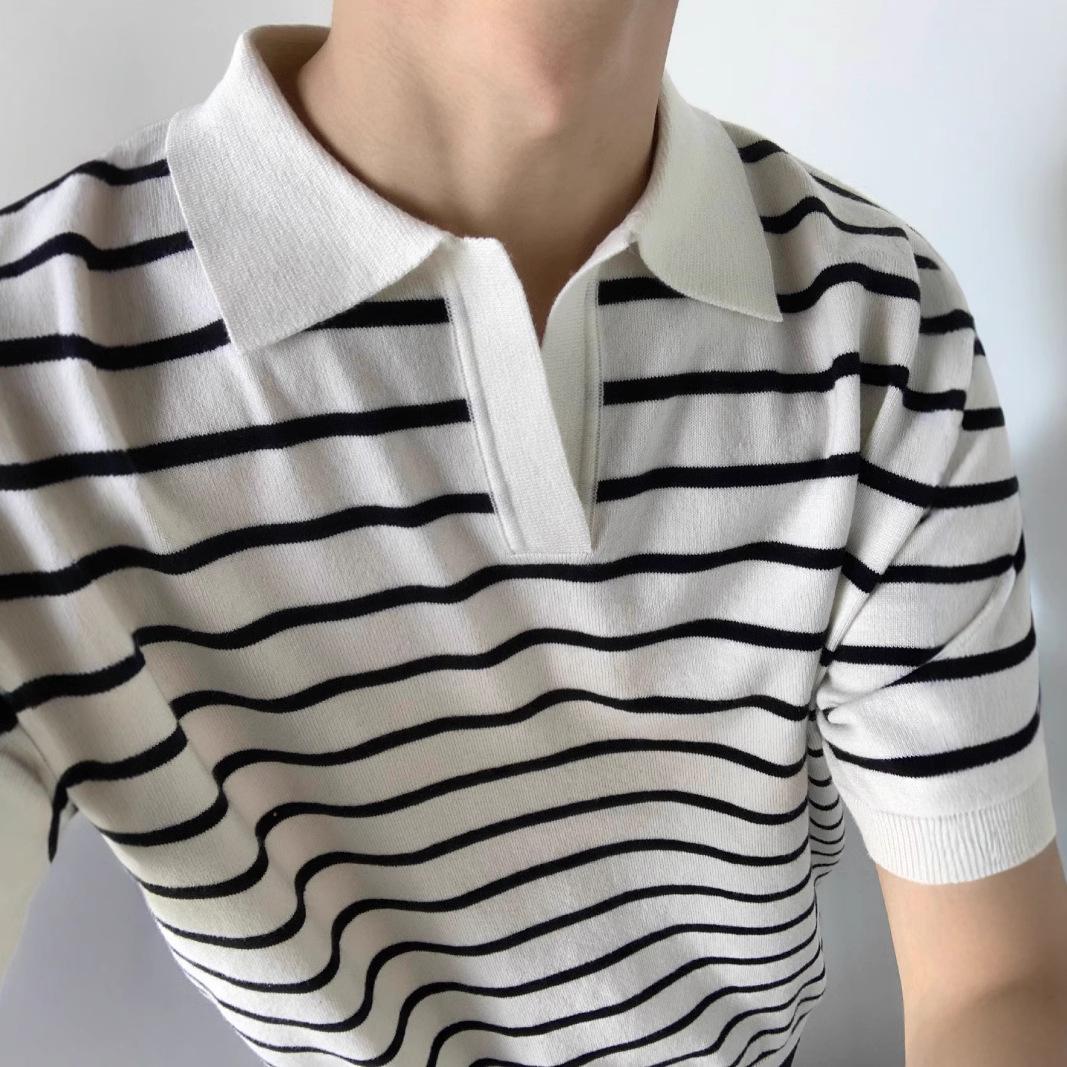 

Men s 2025 Summer V-neck Ice Silk Striped Polo: Short Sleeve Trendy Lapel T-shirt Large білий