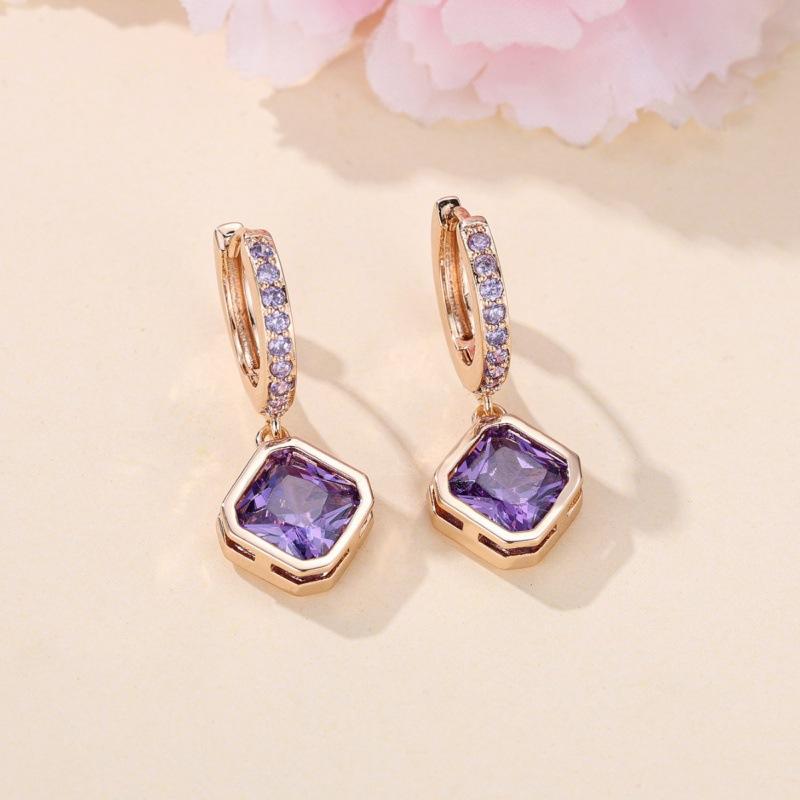 Zhe Huang earrings champagne gold purple diamond square stud earrings temperament versatile jewelry