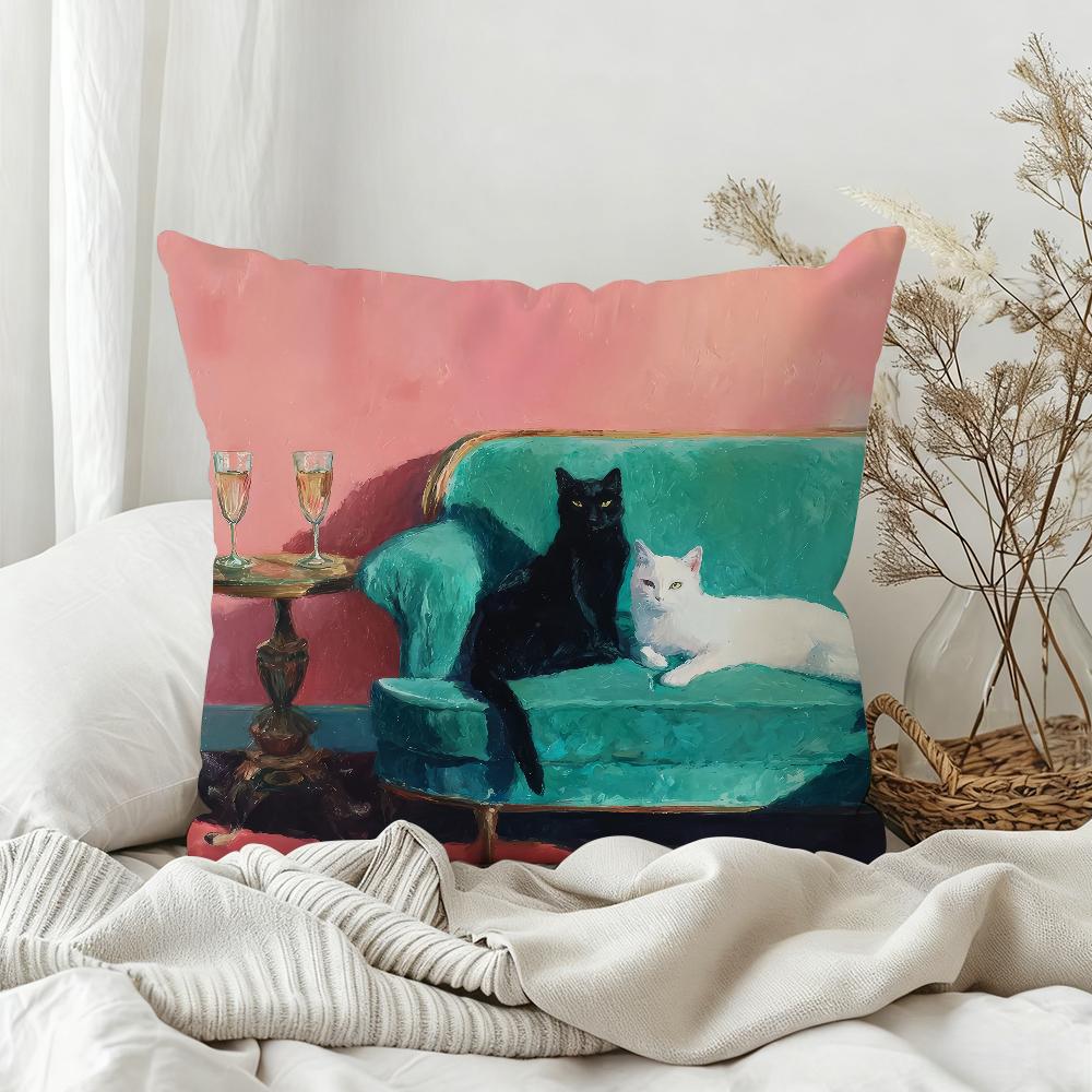 Black and White Cats with Champagne Art Pillow Case Bedroom Sofa Living Room Backrest Decoration Square Cushion Nap Time