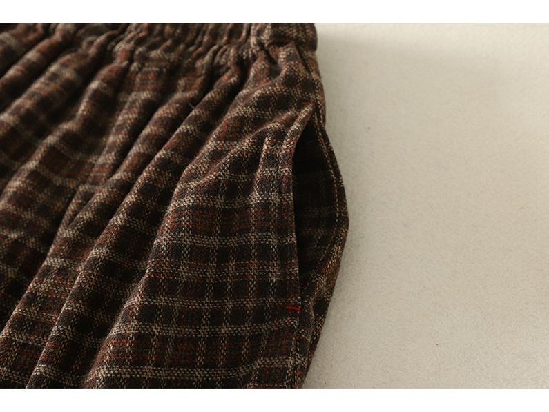 Wool Blend Elastic Waist Plaid Midi Skirt - Retro A-line for Autumn/Winter 2025
