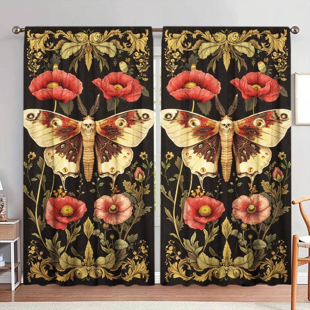 Set Of 2 Butterfly Floral Pattern Curtains American Retro Style Sunshade Privacy Protecting Pole Curtain Polyester