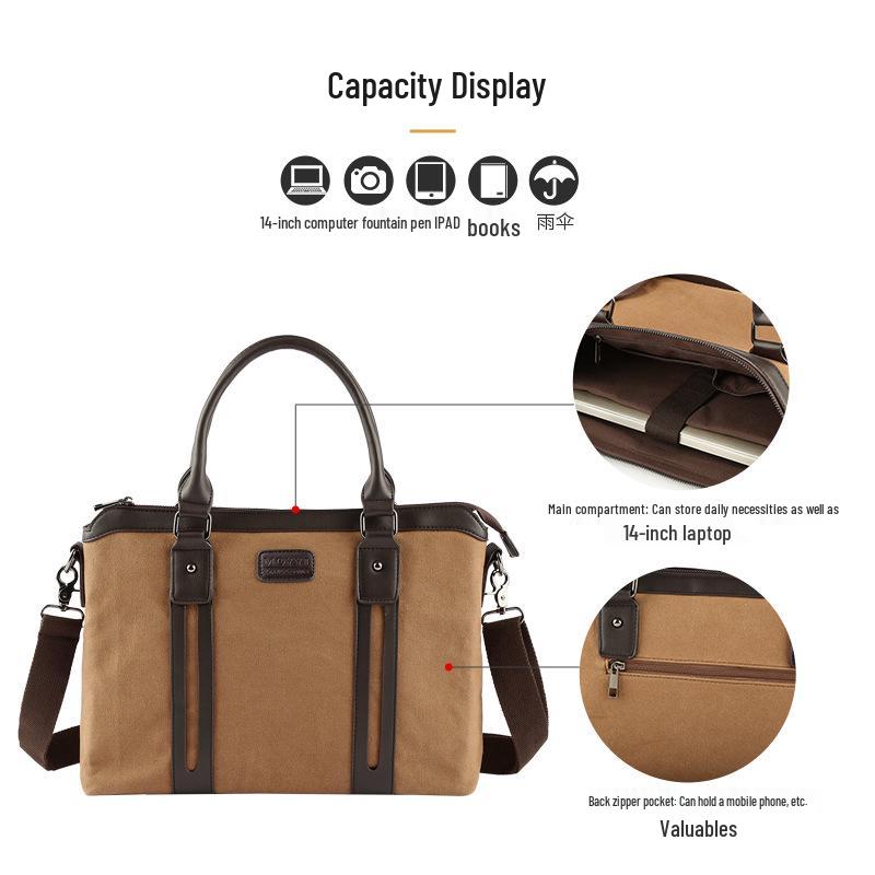 Men's Classic Canvas Business Briefcase: Horizontal Shoulder Bag with Cowhide Accents for Laptop and Daily Use