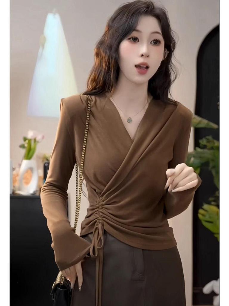 Plus Size Autumn 2025 V-Neck Cross Design Long Sleeve Slimming Women's Top