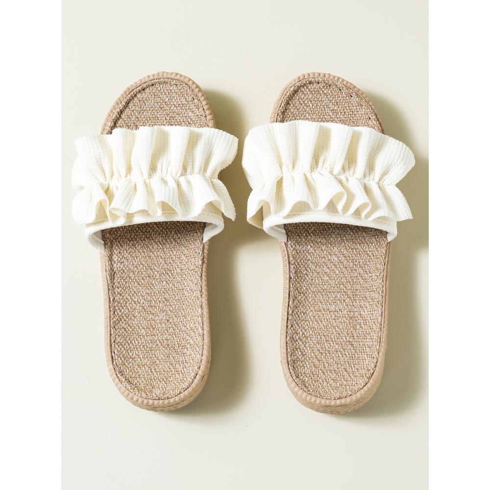 Daiso Chunky Heel Frill Linen Slippers 250 Mm