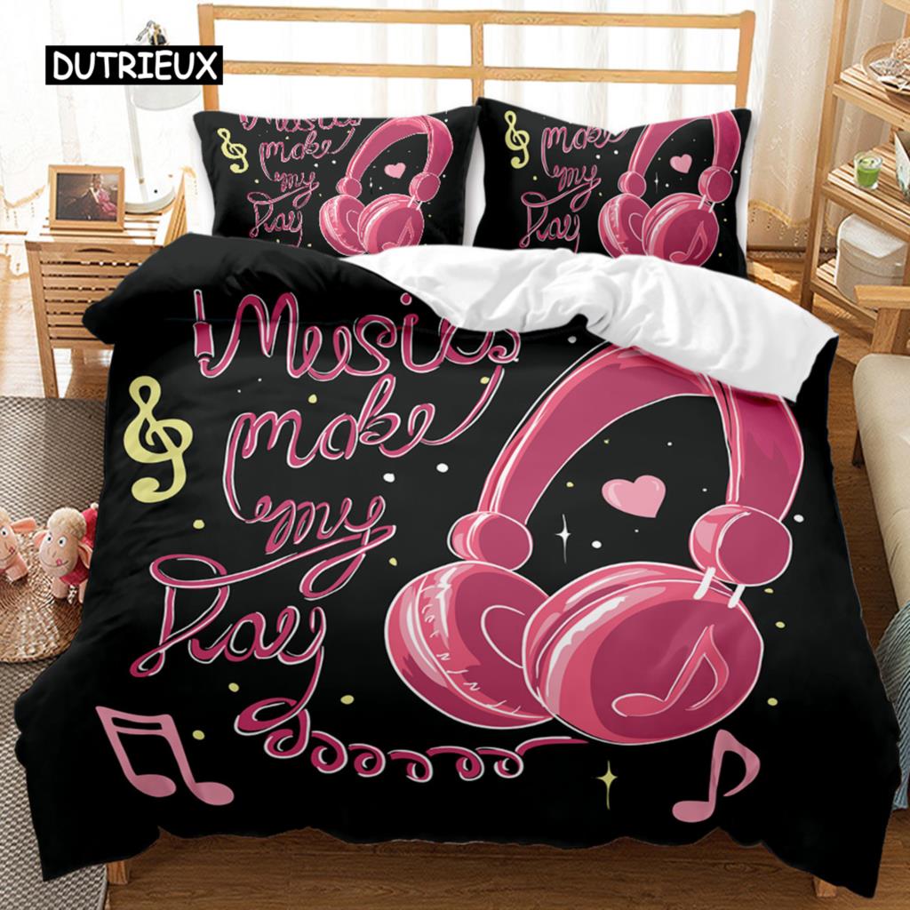 Kopfhörer Bettbezug Rockmusik Melodie Note Bettwäscheset Cool Weiß Headset Jungen Doppel Queen King Size Polyester Steppdeckenbezug