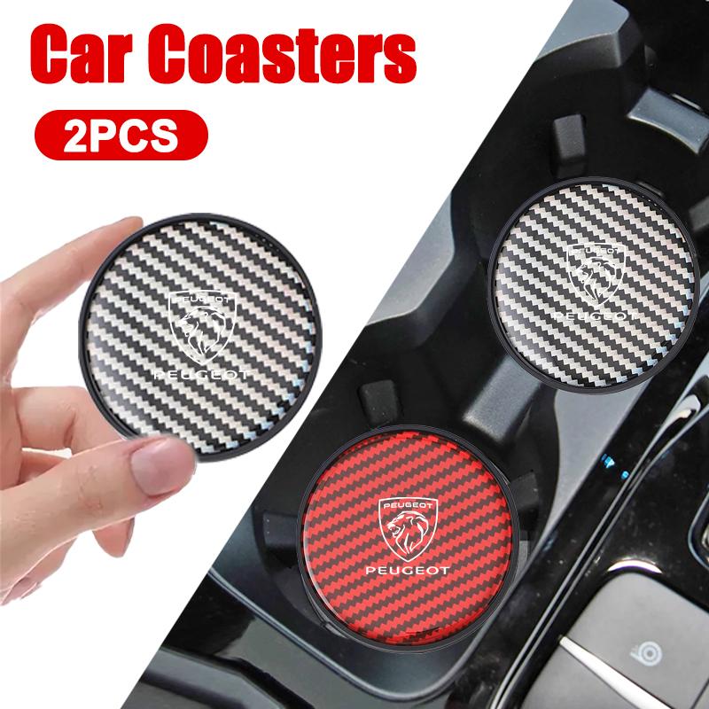 New Styling 2Pc Carbon Fiber Car Coaster Anti-noise Water Cup Pad For Peugeot 208 3008 407 307 206 301 408 5008 308 2008 207 508